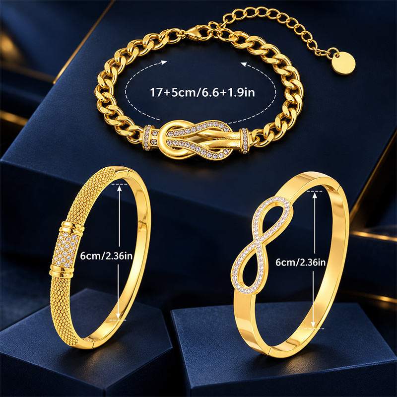 3pc Stackable Wrist Set, Cuban Knot Bracelet, Mesh Bangle & Infinity Cuff